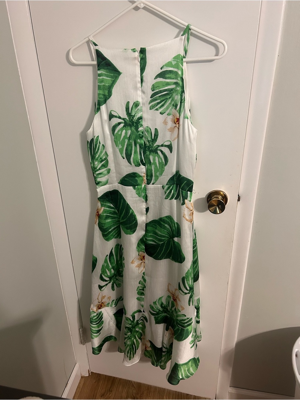 White House Black Market White Dress with Green Palm Print
